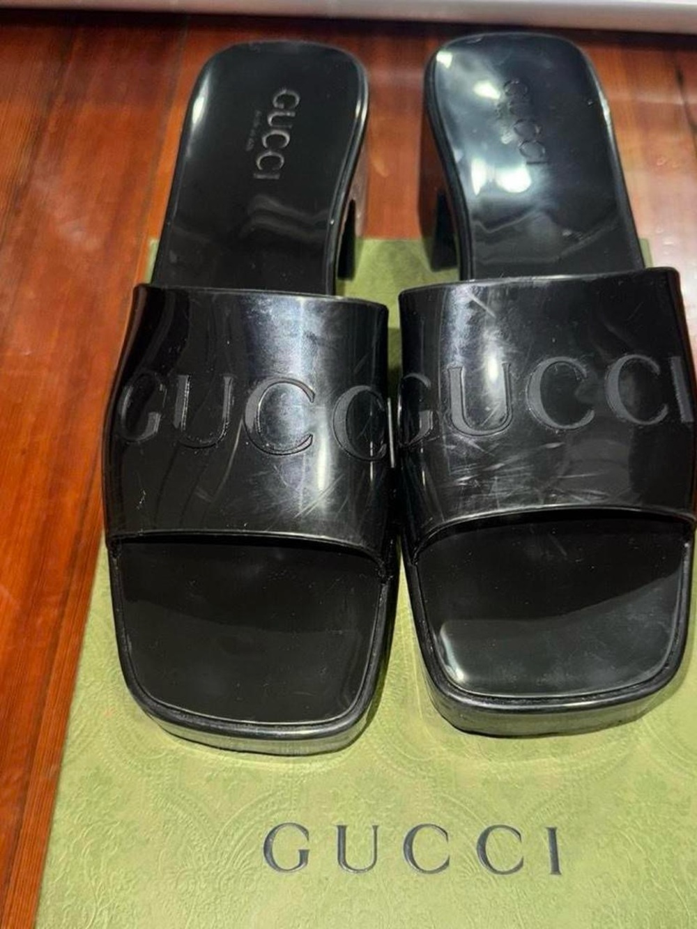 Gucci Black Patent Slide Mules with Embossed Logo